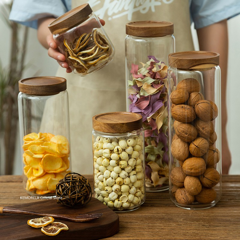 Food Storage Jars With Lids - Wood Lid Glass Airtight Canister Kitchen