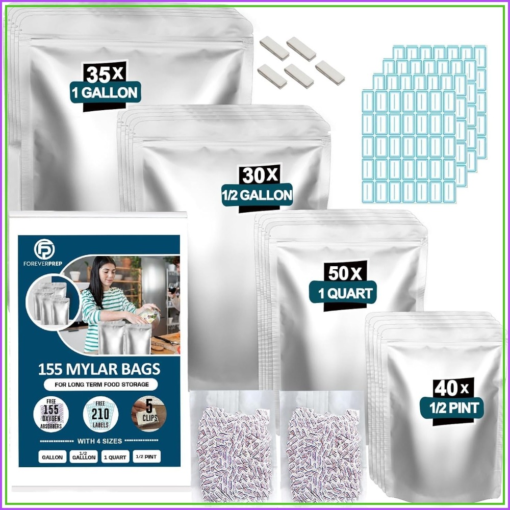 Food Storage Mylar Bags - 155 Mylar Bags with 155 Oxygen