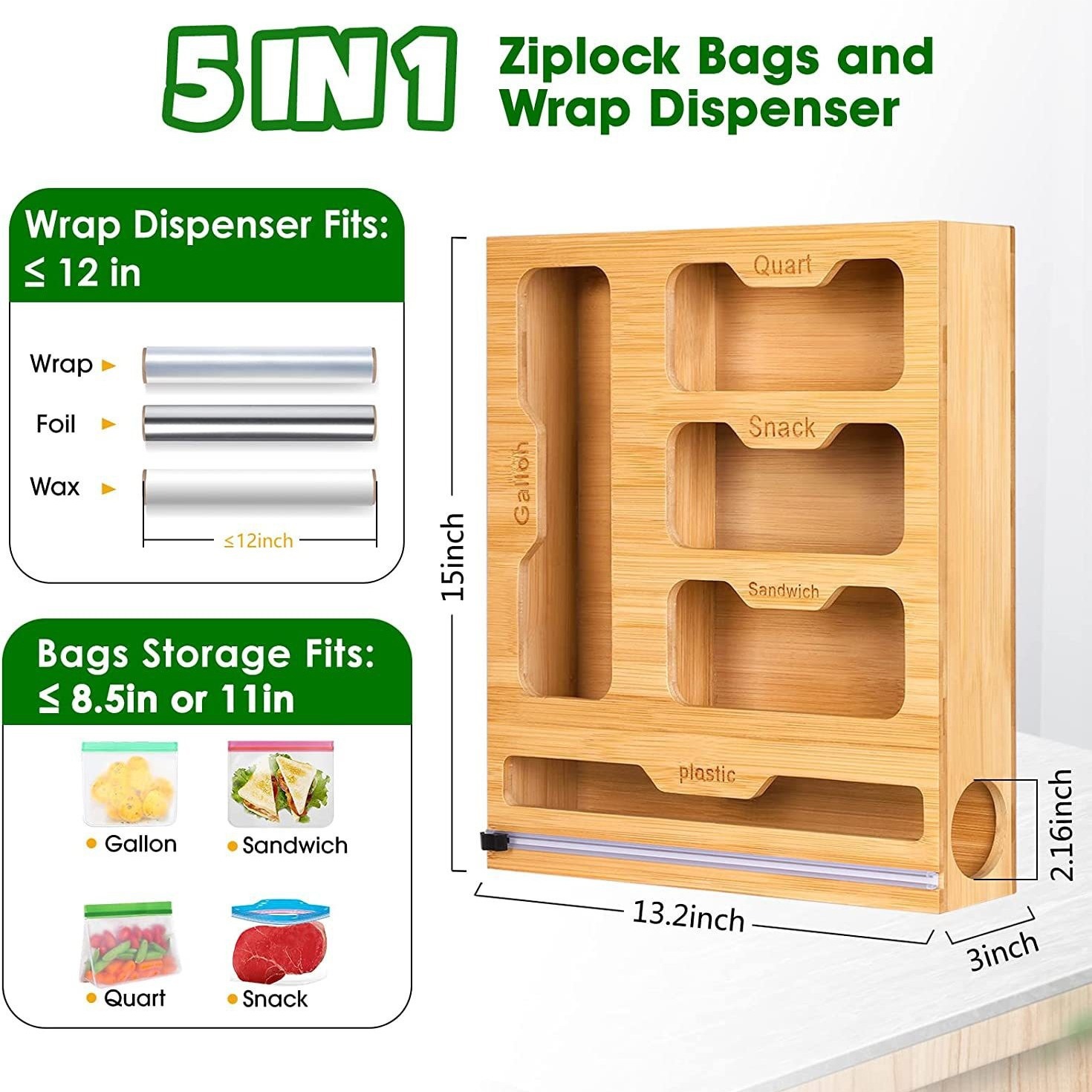 Food Storage Dispenser - Bamboo Ziplock Food Bag Holder Compatible